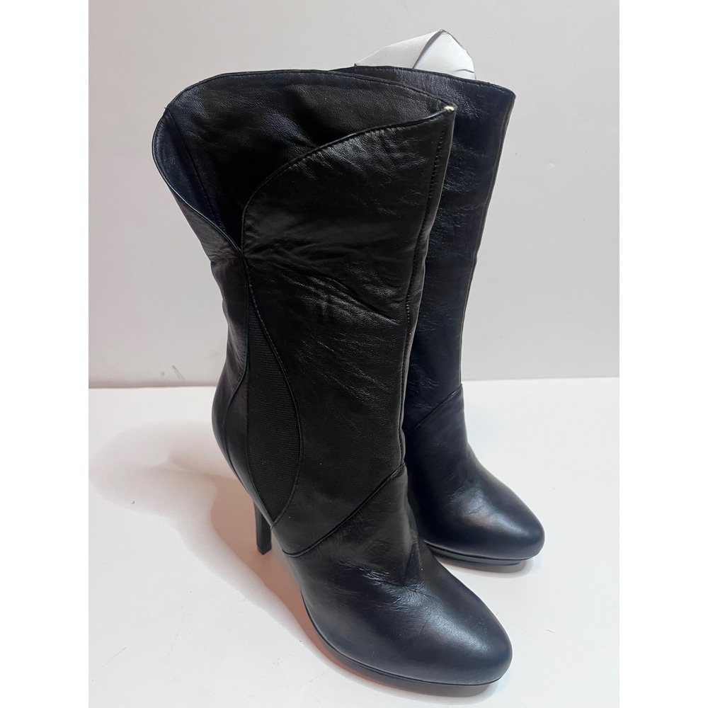 Charles Jourdan Black Leather Stiletto Platform Mid-Calf Boots Womens 8M NEW